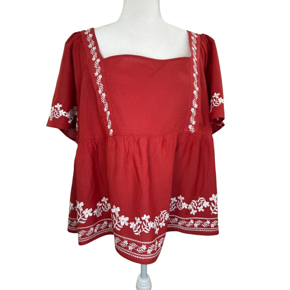 Old Navy XL Red White Floral Embroidered Square Neck Peasant Blouse NWT